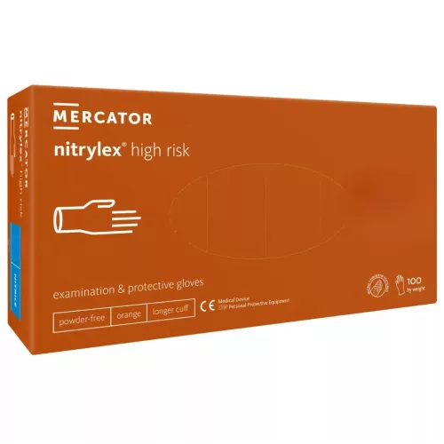 MERCATOR Nitrylex high risk,nitril púdermentes naracs színű vizsgálókesztyű,vastag,hosszú mandzsetta,polimerizált belső,magas biztonsági szintű M