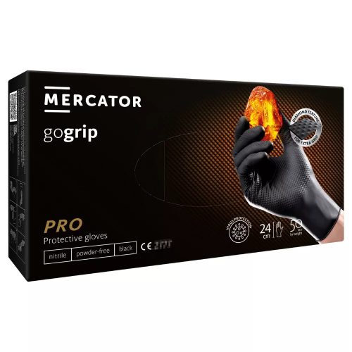 MERCATOR gogrip (black)nitril védőkesztyű fekete púdermentes,gyémánt textúrált S,50 db/doboz 