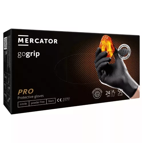 MERCATOR gogrip (black)nitril védőkesztyű fekete púdermentes,gyémánt textúrált M, 50 db/doboz 