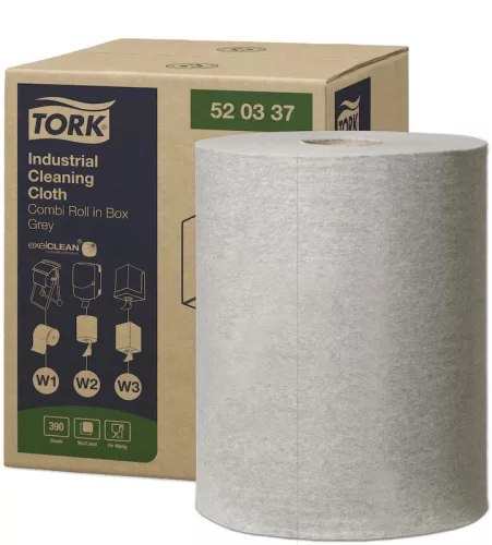 Tork ipari tisztítókendő, dobozos kombi tekercses W1/W2/W3 Premium, szürke, 1r., 148,2m/390lap/tek