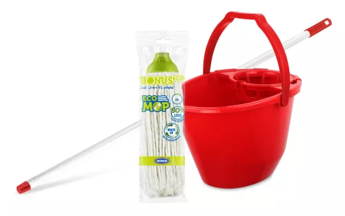 Bonus Felmosó szett-vödör PIROS 11L  csavaró kosár, felmosó nyél 120cm CottonMop 160gr