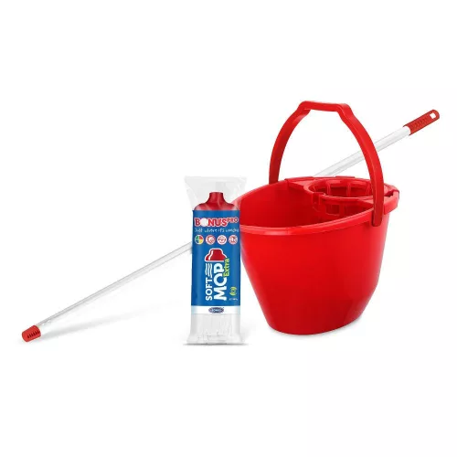 Bonus Felmosó szett-vödör PIROS 11L csavaró kosár, felmosó nyél 120cm Softmop 160gr