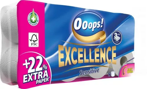 Ooops! toalettpapír kistekercses Excellence 3r., hófehér, 150lap, 8tek/csg, 6csg/karton, 21karton/raklap