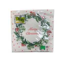   Daisy karácsonyi szalvéta 3 rétegű, 33X33cm, 1/4 hajtás, 20db/csg Fehér, zöld koszorúval