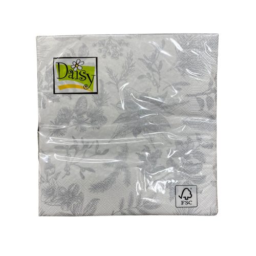 Daisy karácsonyi szalvéta 3 rétegű, 33X33cm, 1/4 hajtás, 20db/csg Fehér, ezüst mintázattal