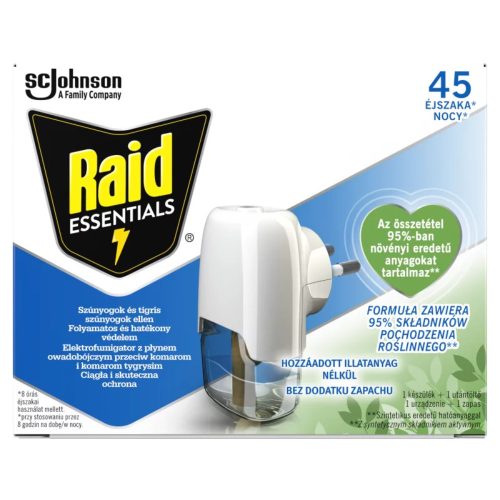 Raid Essential Elektromos 45 éjszakás szúnyogirtó illatmentes Készülék+UTÁNTÖLTŐ folyadék 27 ml