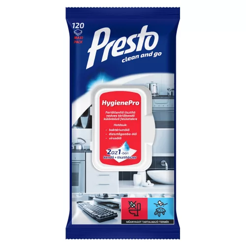 PRESTO clean and go HygienePro 2az1-ben nedves fertőtlenítő kendő 120db/cs