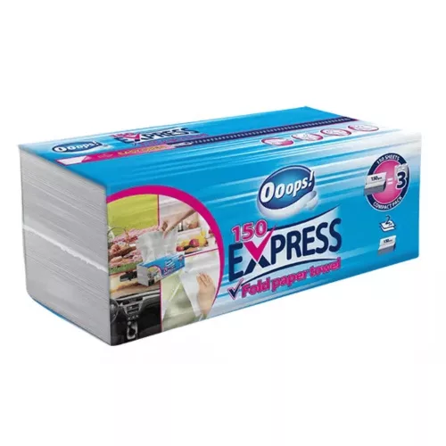 Ooops! Express háztartási papírtörlő,V hajt., 2r., fehér, 150lap/csomag